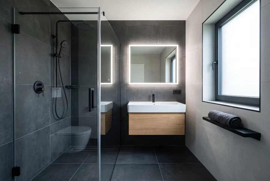 Modernes saniertes Bad mit bodengleicher Dusche und großformatigen Fliesen