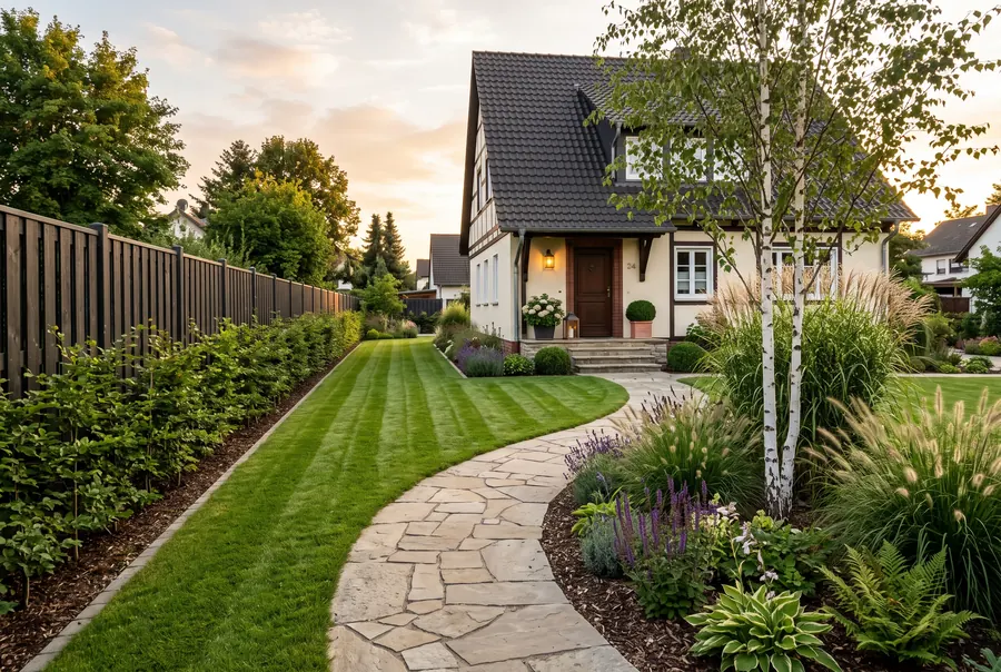 Neu angelegte Gartenanlage mit Holzzaun, Hecke, Rasen und Natursteinweg