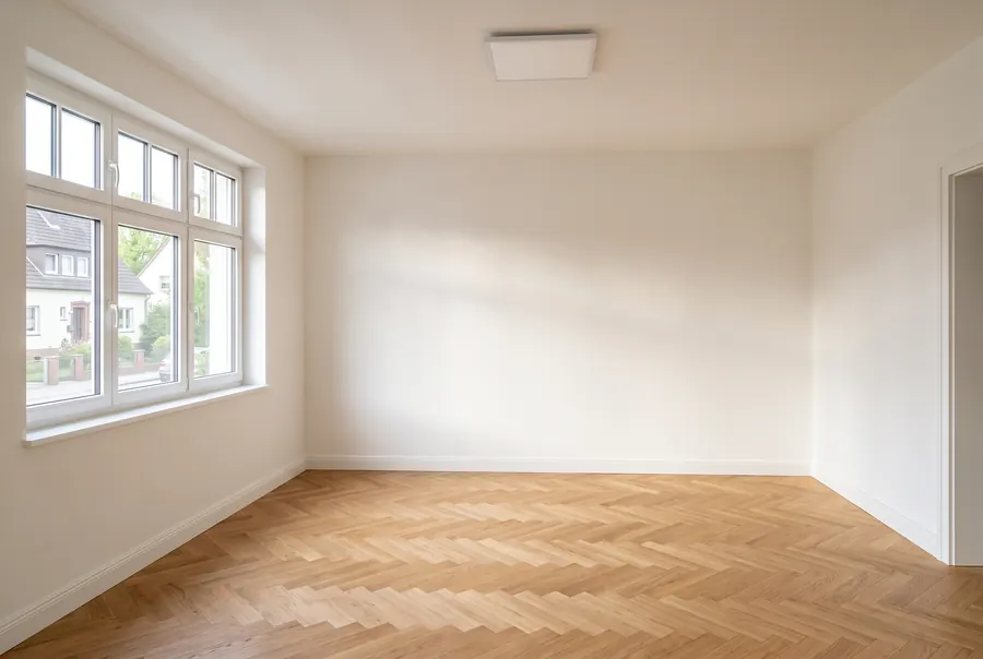 Renovierter leerer Wohnraum mit glatt gespachtelten Wänden und neuem Parkett