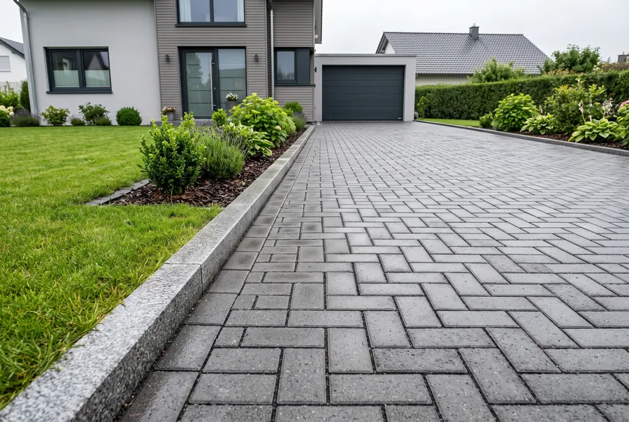 Neu gepflasterte Einfahrt mit Granit-Randeinfassung und angrenzendem Rasen